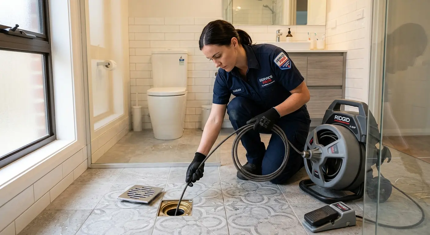 Technician clearing a bathroom floor drain for Drain Repair in Bristol